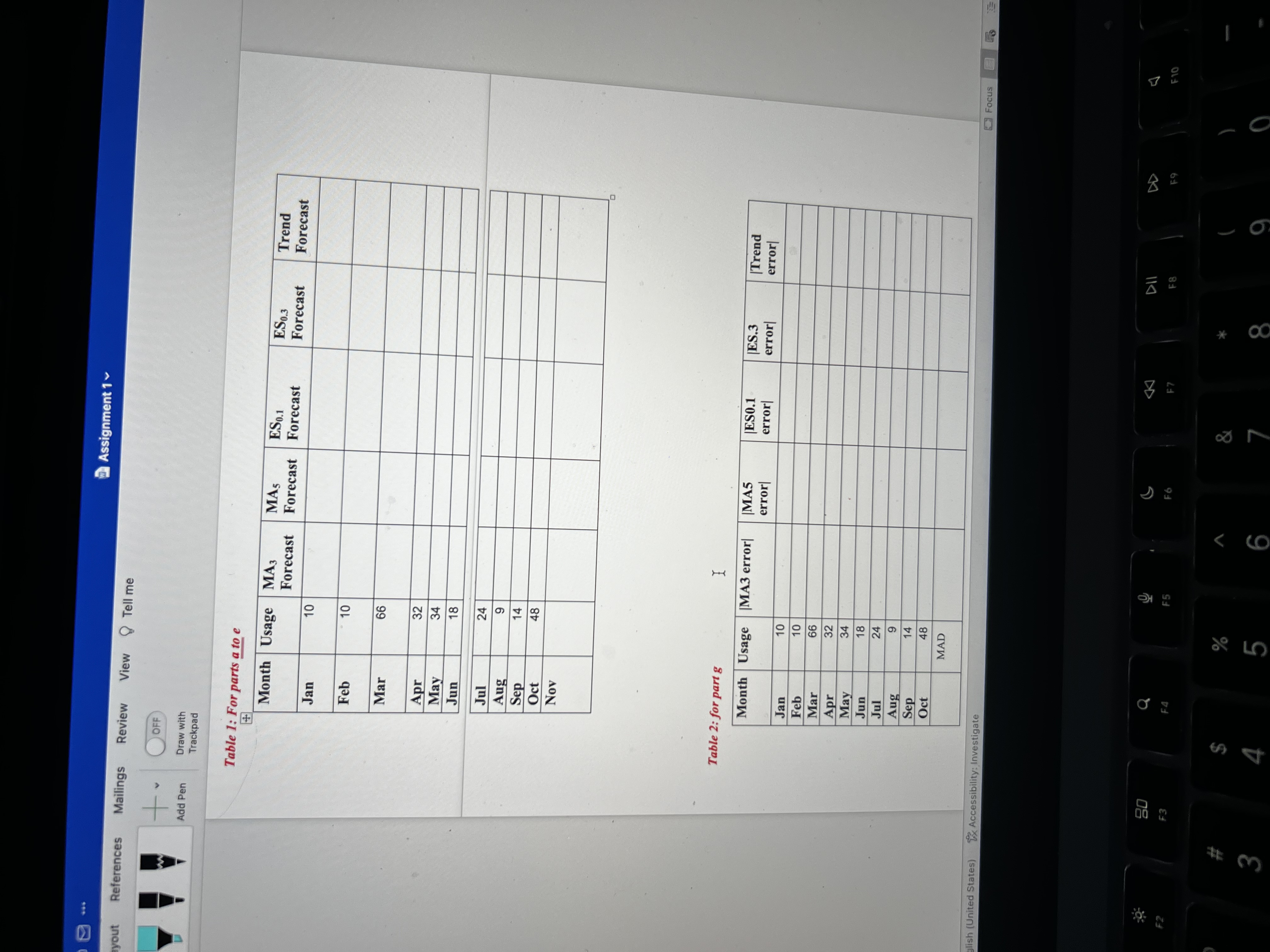  (11 marks: 1,1,1,1,1,3,3)Table 1: For parts a to e Table 2: