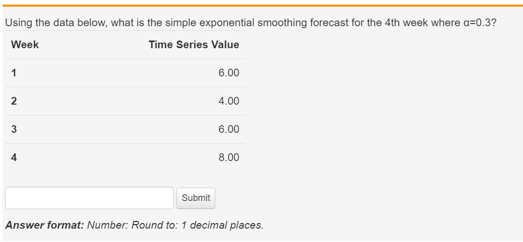  Using the data below, what is the simple exponential smoothing forecast