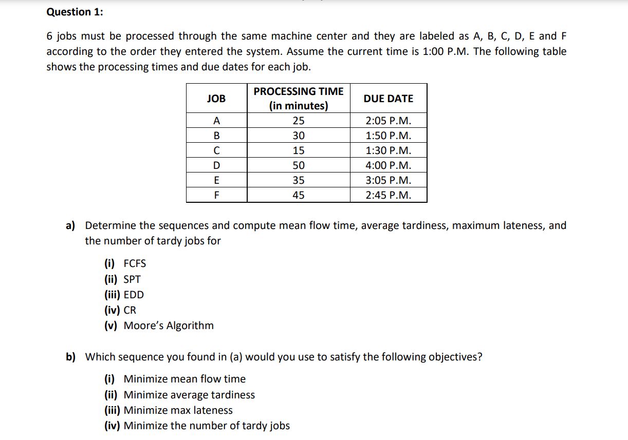  6 jobs must be processed through the same machine center and