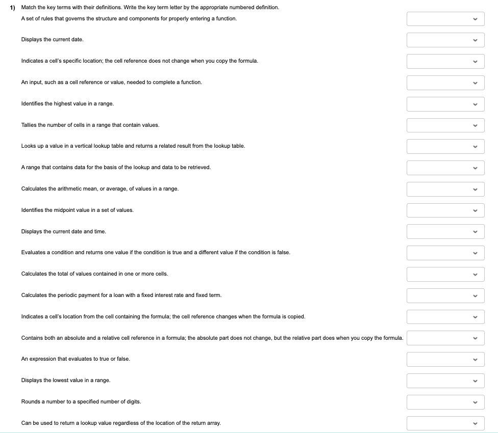 1) Match the key terms with their definitions. Write the key