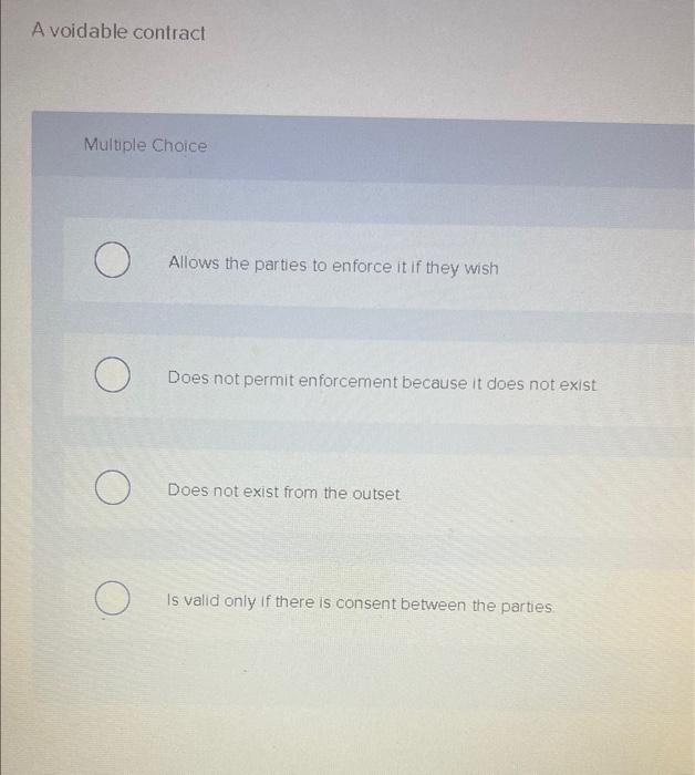 Only answers A voidable contract Multiple Choice Allows the parties to enforce