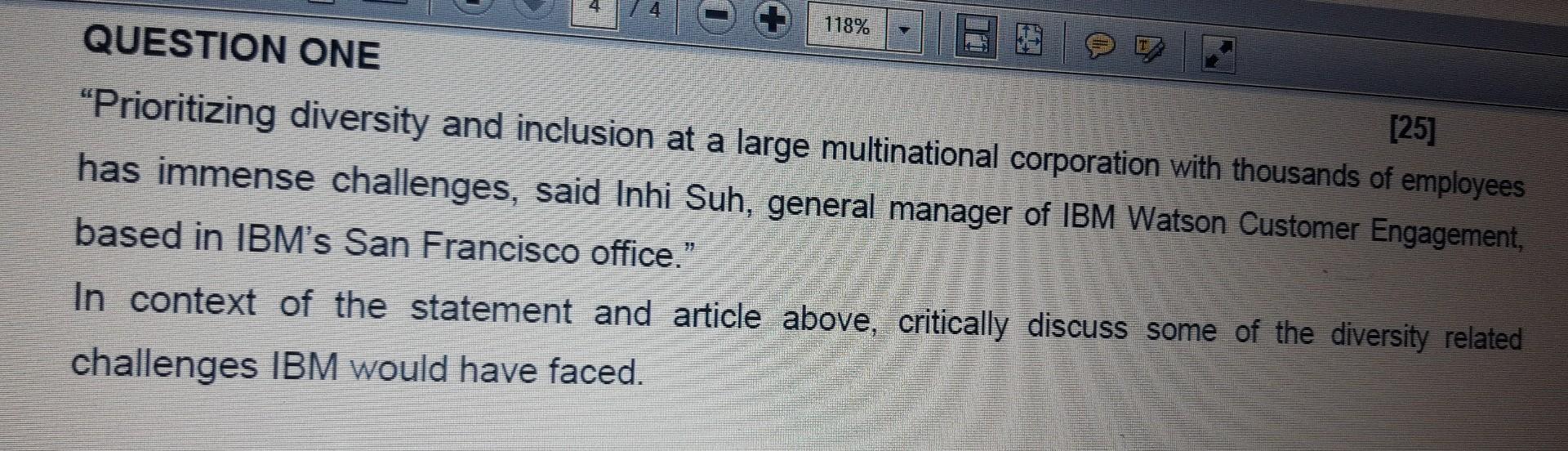 QUESTION ONE "Prioritizing diversity and inclusion at a large multinational corporation
