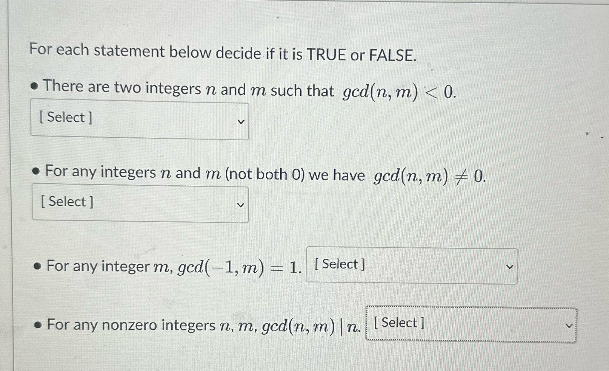 For each statement below decide if it is TRUE or FALSE.