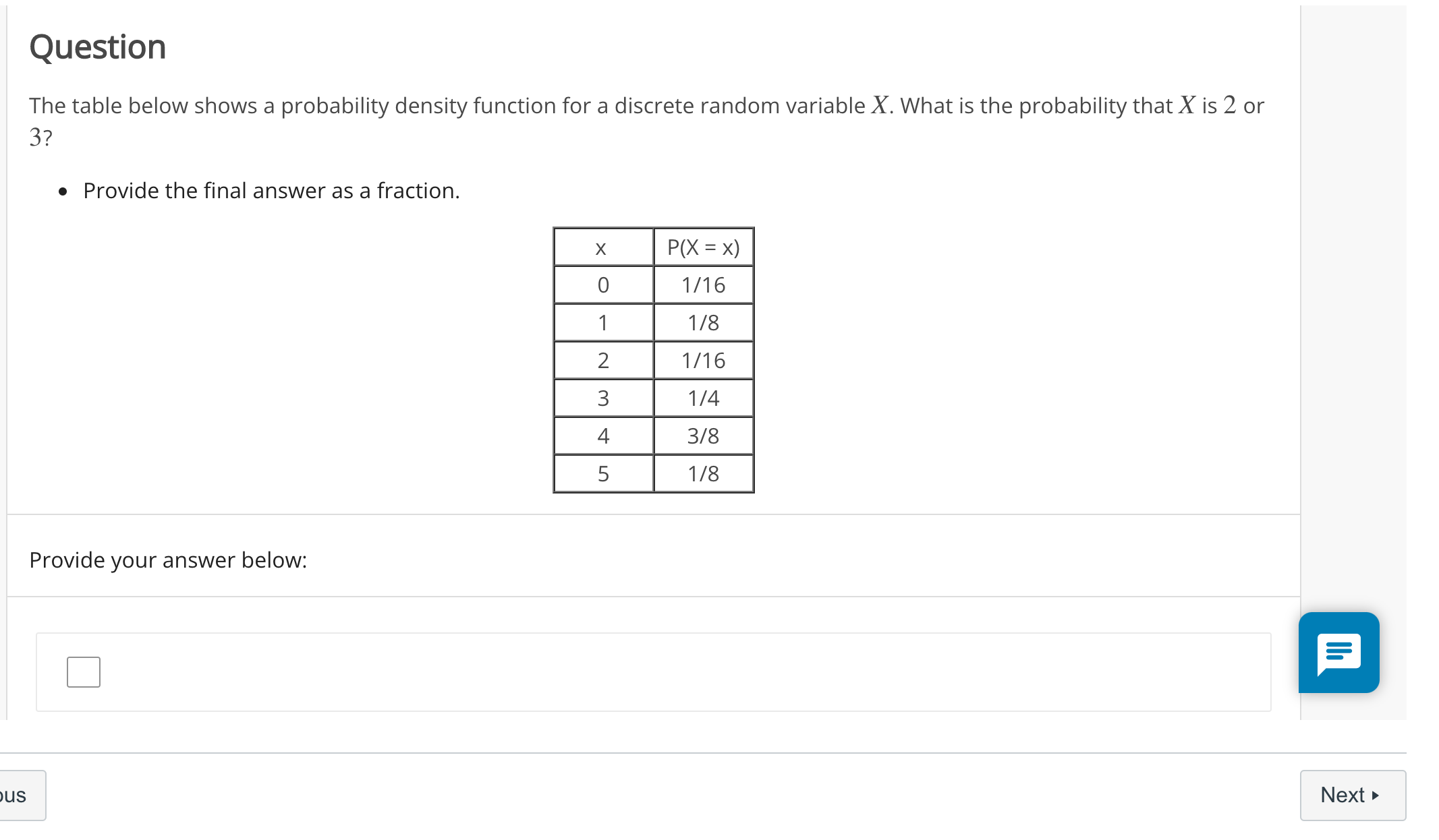  Question The table below shows a probability density function for a