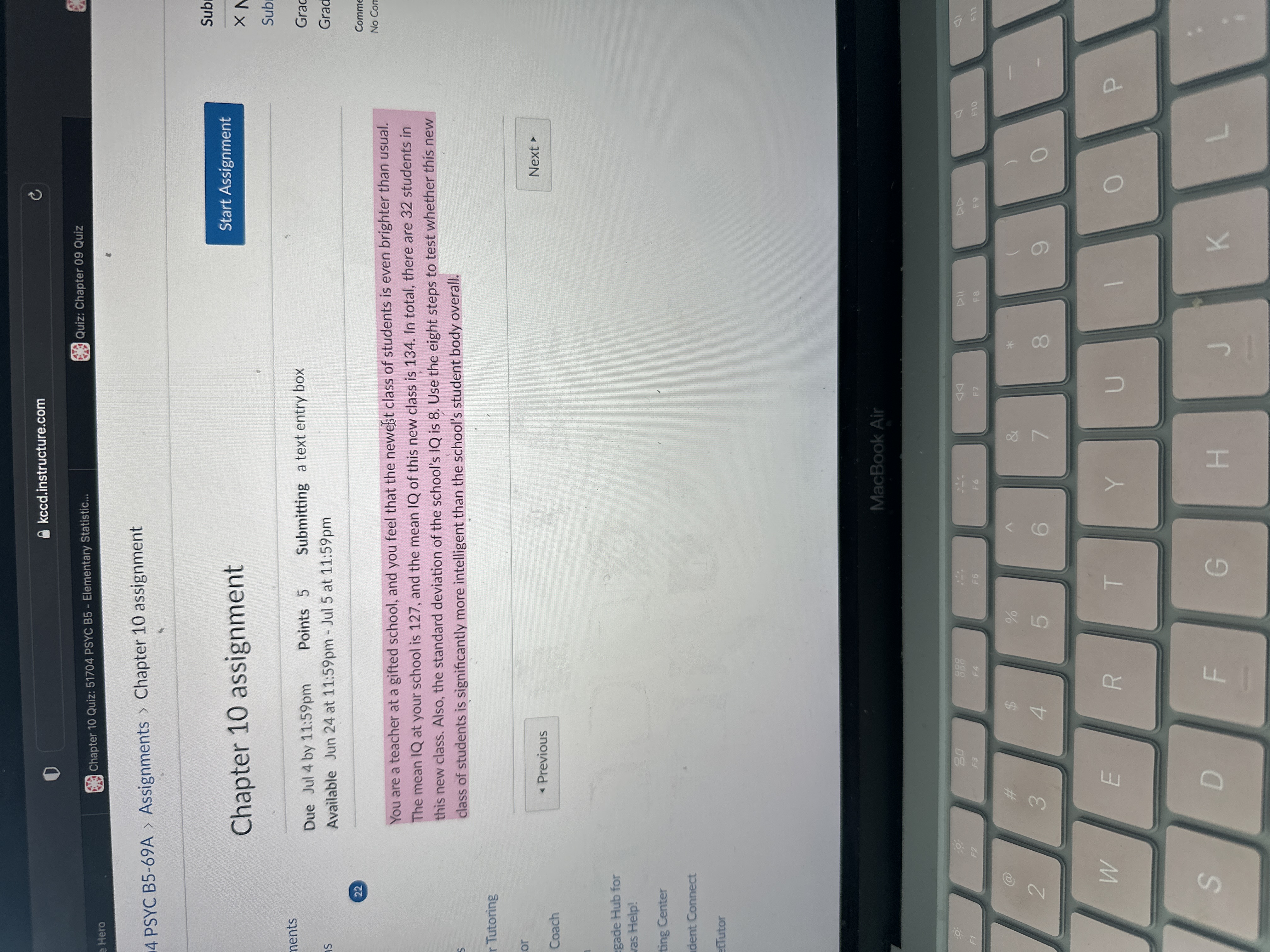  kccd.instructure.com C Hero Chapter 10 Quiz: 51704 PSYC B5 - Elementary