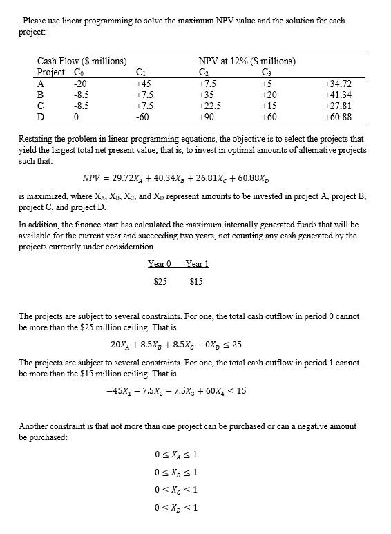 . Please use linear programming to solve the maximum NPV value