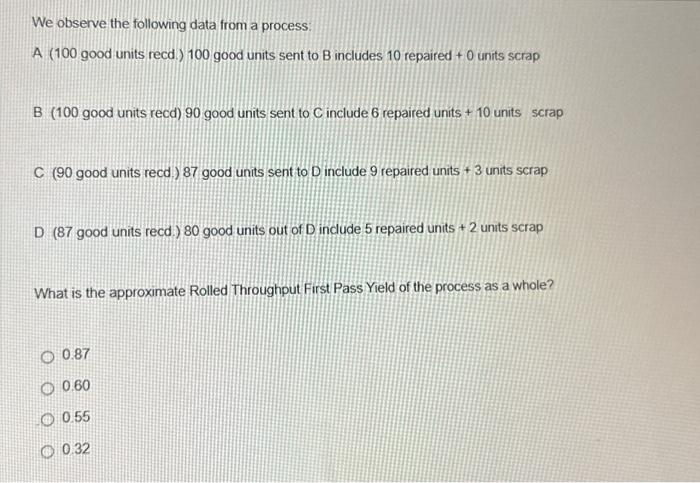  We observe the following data from a process: A (100 good