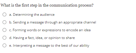 What is the first step in the communication process? a. Determining