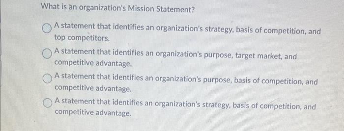 organization's strategy, basis of competition, and top competitors. A statement that identifies