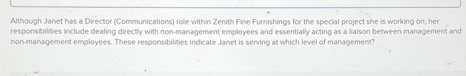  Although Janet has a Director (Communications) role within Zenith Fine Furnishings