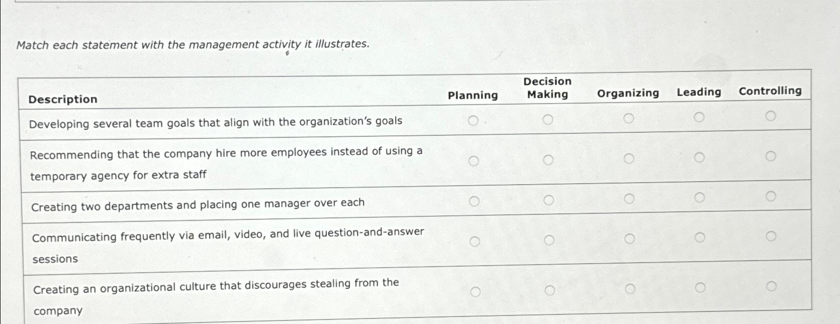  Match each statement with the management activity it illustrates. \table[[Description,Planning \table[[Decision],[Making]]],[Developing