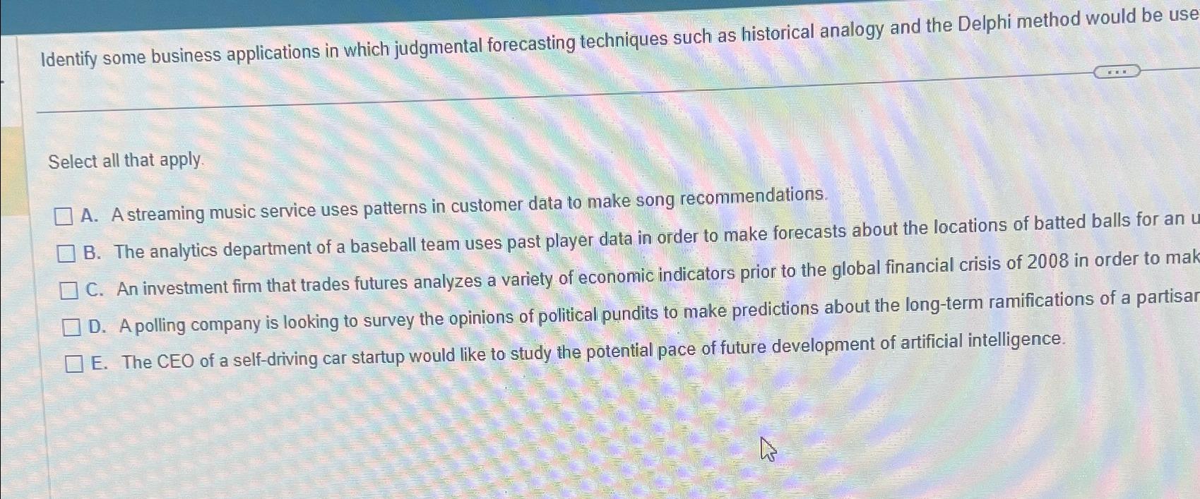  Identify some business applications in which judgmental forecasting techniques such as