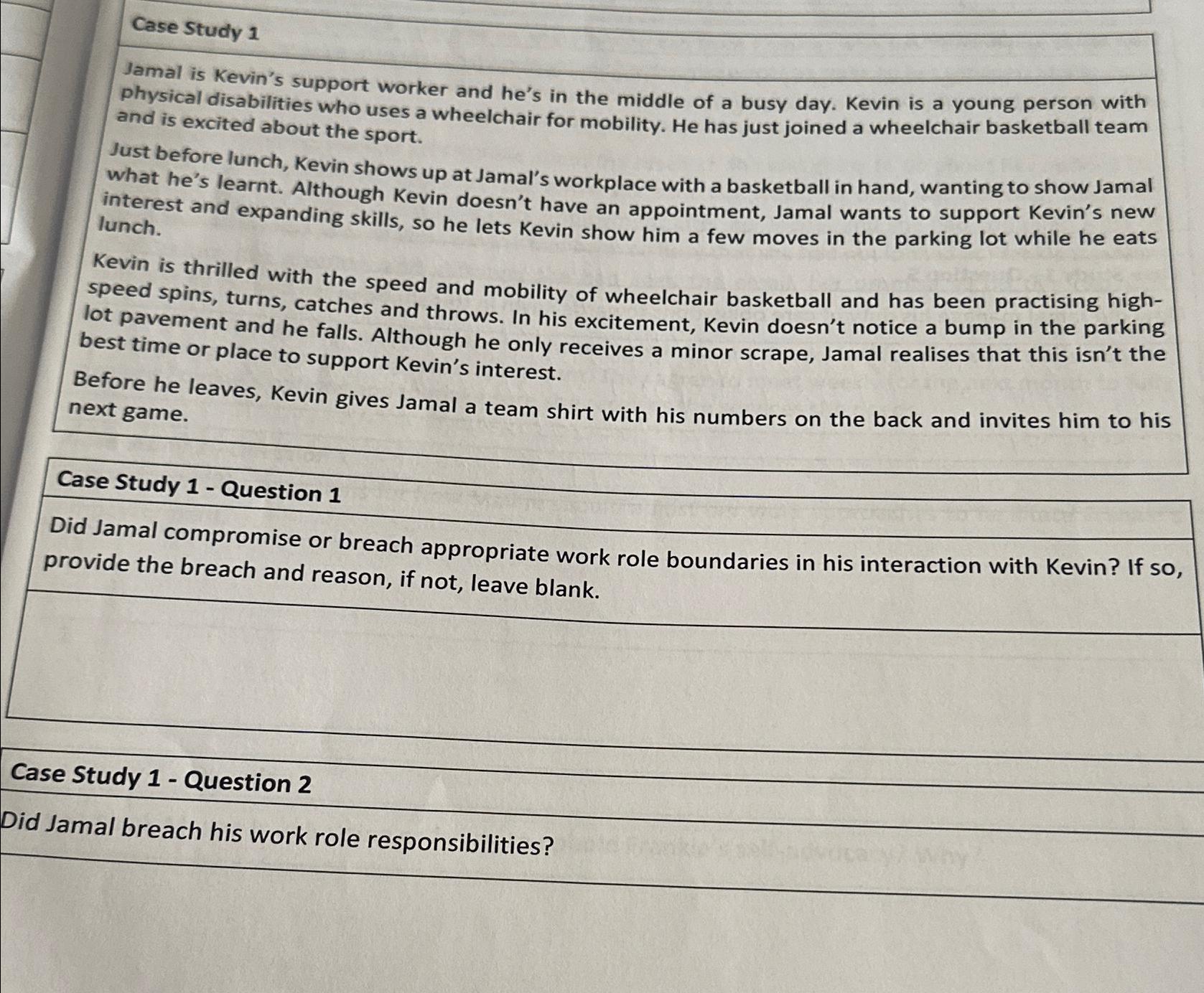  Case Study 1 Jamal is Kevin's support worker and he's in
