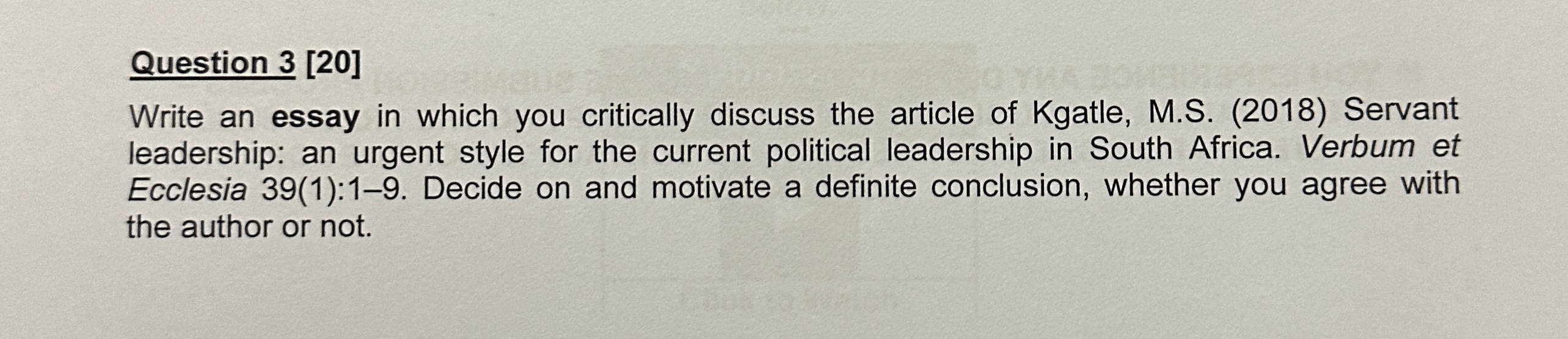  Question 3 [20] Write an essay in which you critically discuss