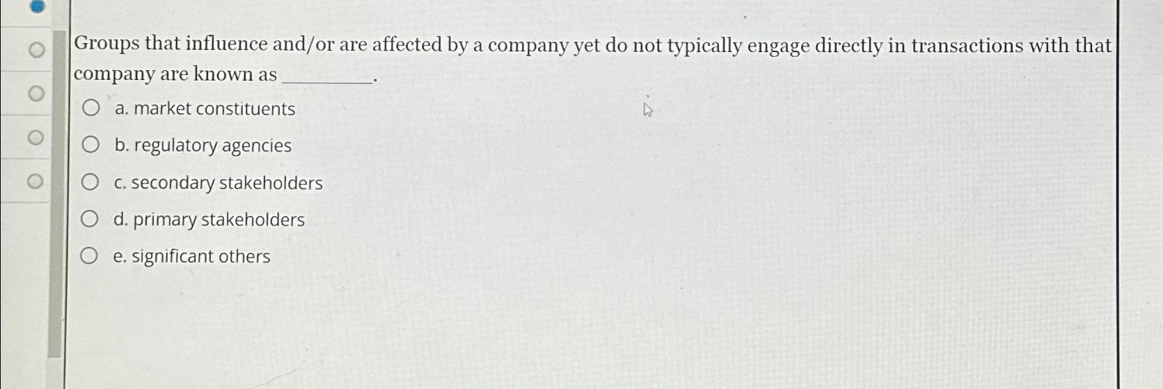  Groups that influence and/or are affected by a company yet do