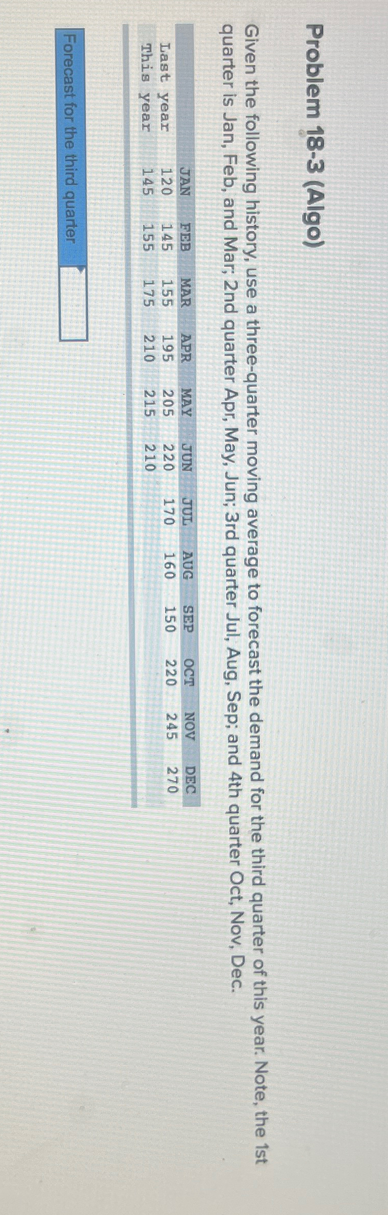  Problem 18-3(Algo) Given the following history, use a three-quarter moving average