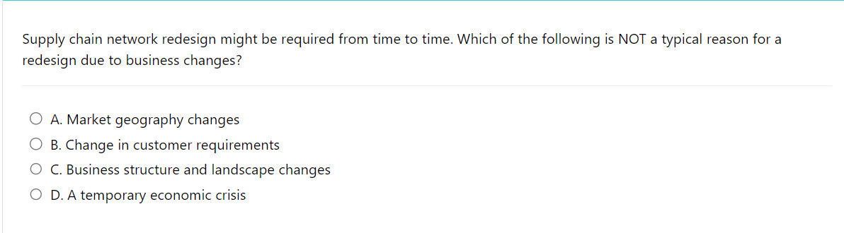  Supply chain network redesign might be required from time to time.