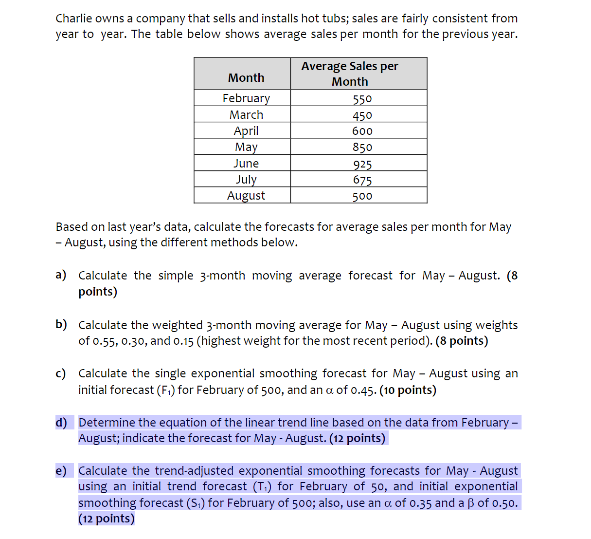 Answer D and E only please Charlie owns a company that sells