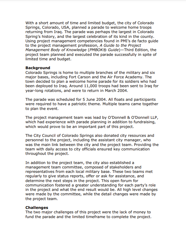 Charter. PMI In Case Study COLORADO SPRINGS WELCOME HOME PARADE: Project Management