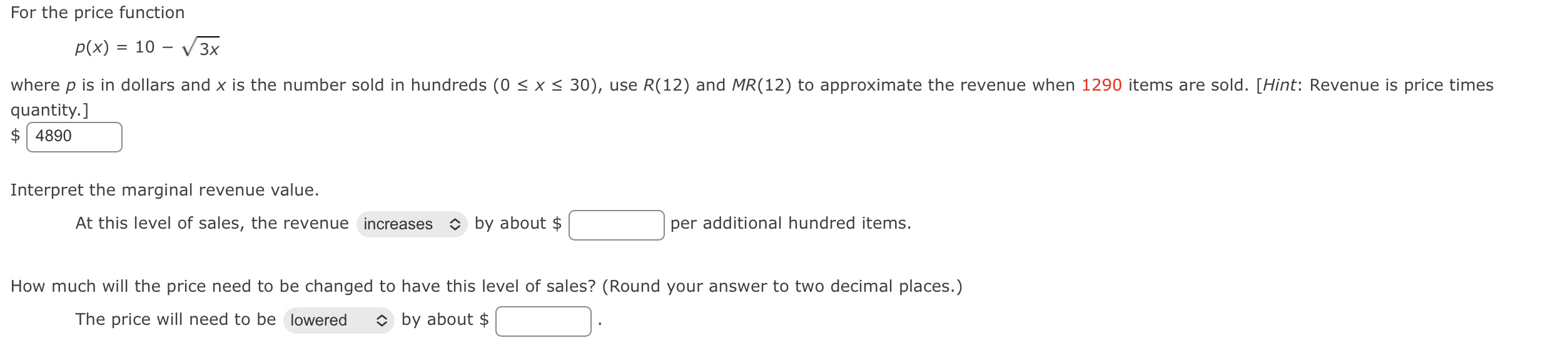 Please solve For the price function P(X) = 10 V 3X where