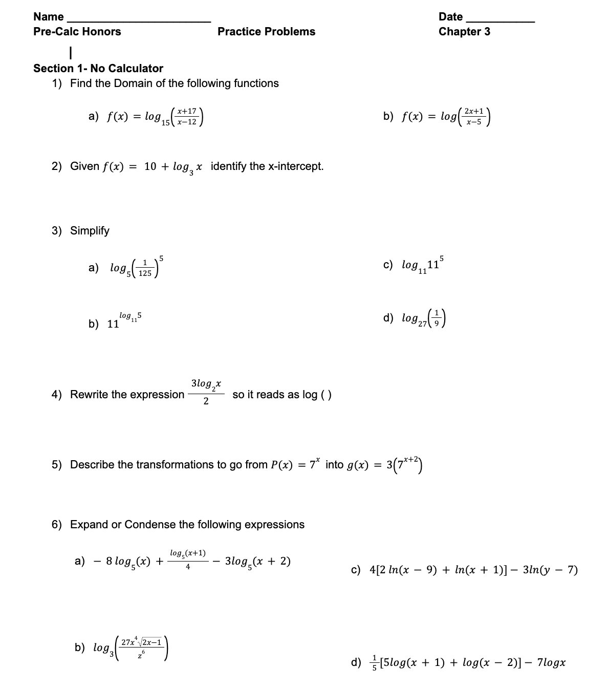 Name Date Pre-Calc Honors Practice Problems Chapter 3 Section 1- No