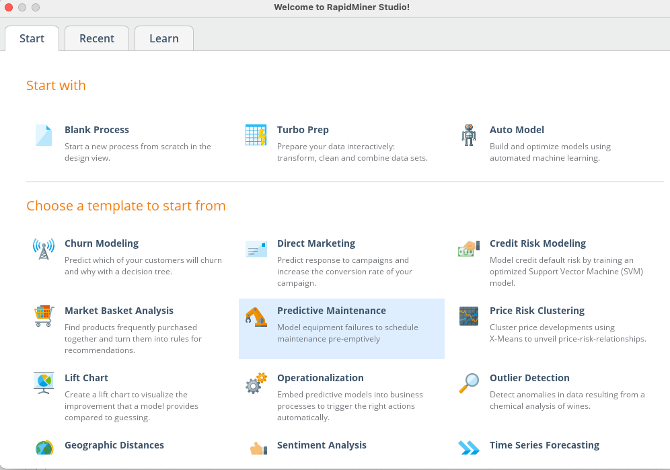 Open the example process Predictive Maintenance in RapidMiner (see screenshot below). Add