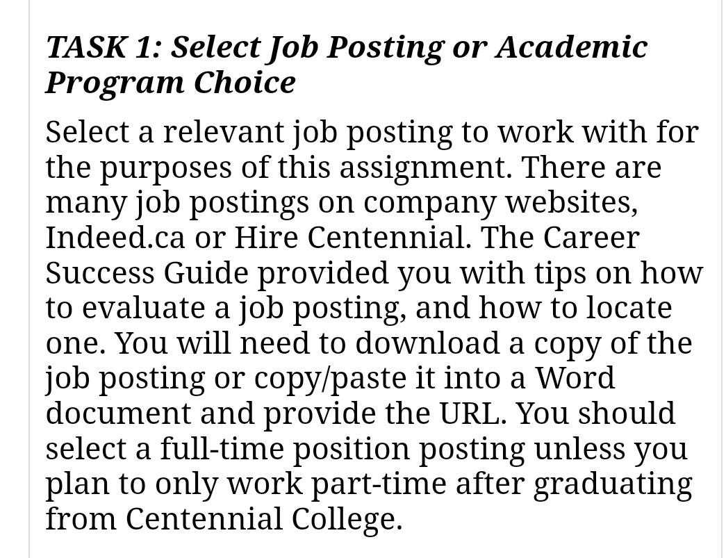  TASK 1: Select Job Posting or Academic Program Choice Select a