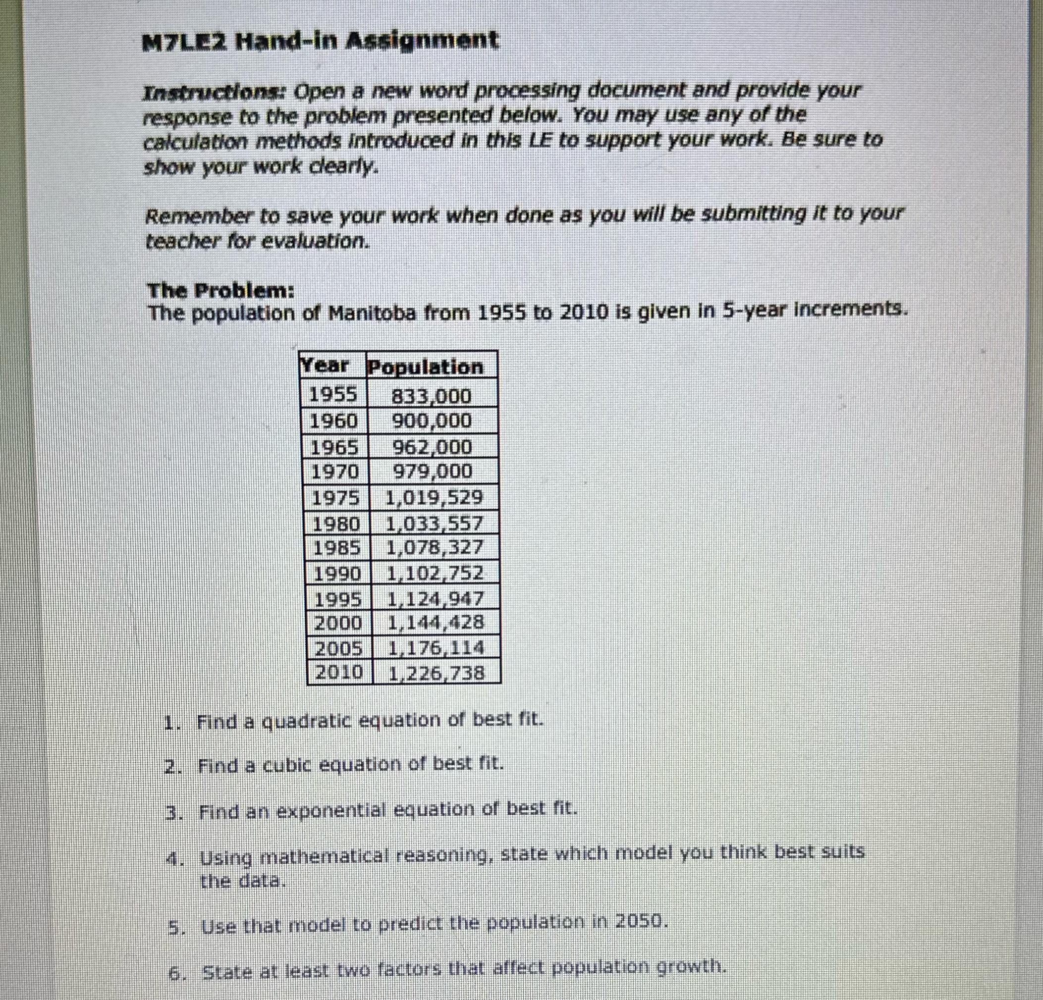  M7LE2 Hand-in Assignment Instructions: Open a new word processing document and