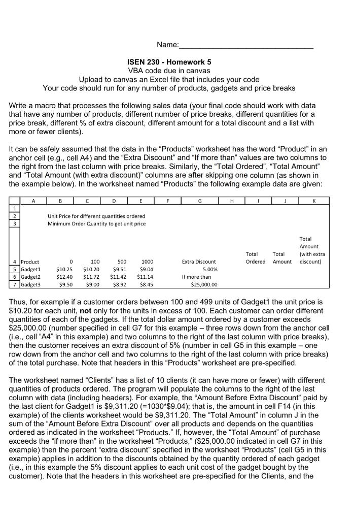 ISEN 230 - Homework 5 VBA code due in canvas Upload