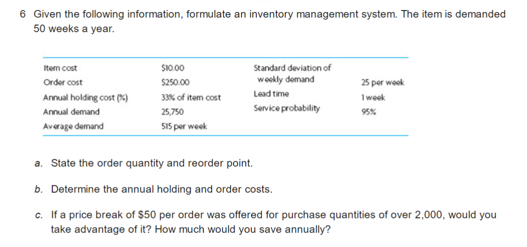  Given the following information, formulate an inventory management system. The item