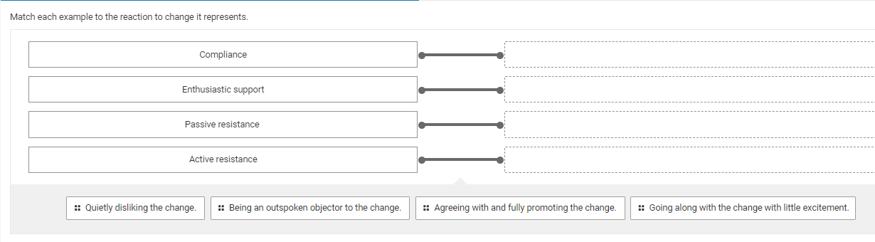 SOLVE Match each example to the reaction to change it represents. Compliance