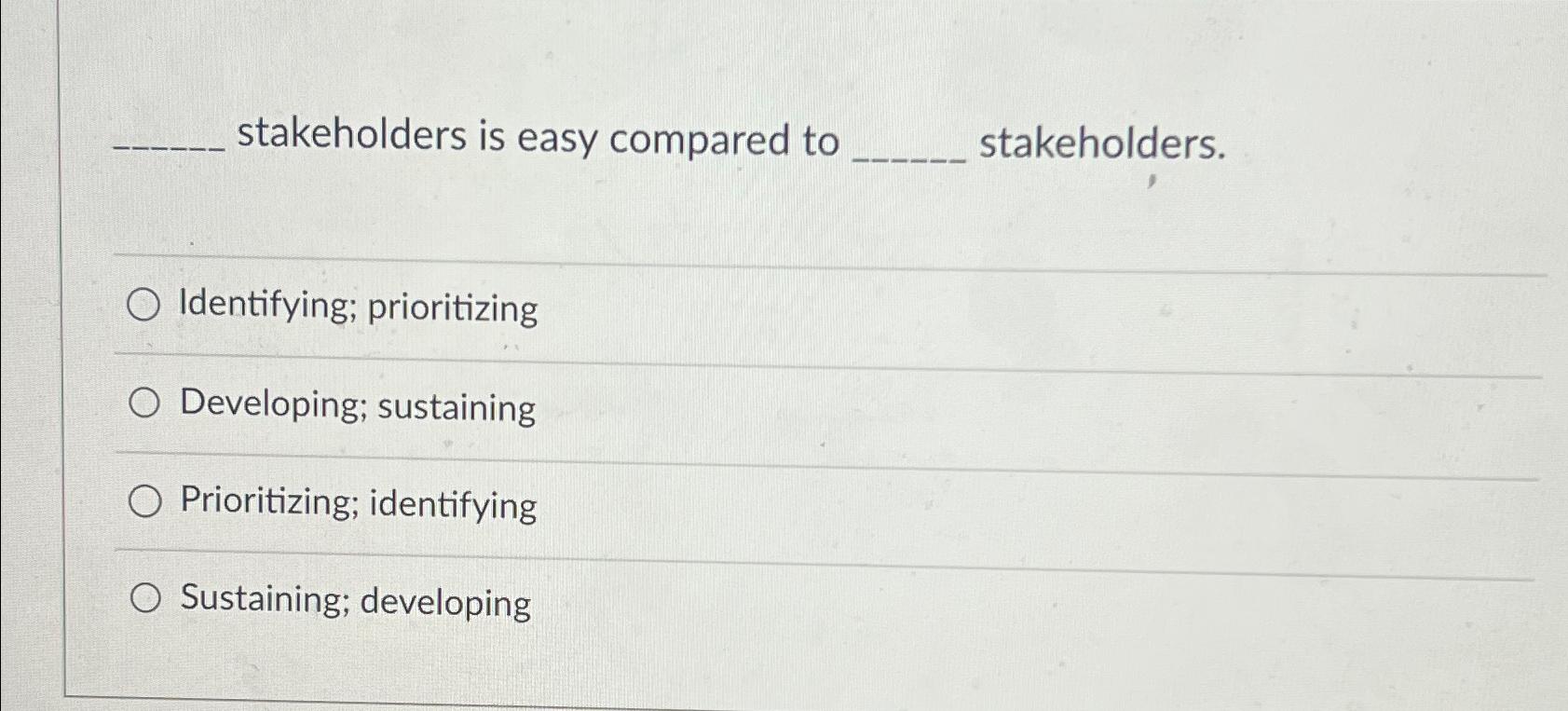  stakeholders is easy compared to stakeholders. Identifying; prioritizing Developing; sustaining Prioritizing;