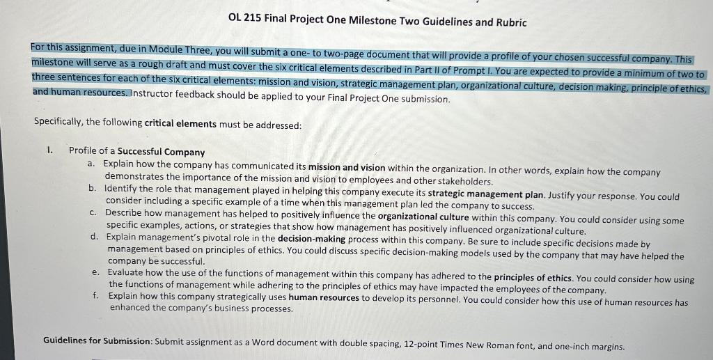  OL 215 Final Project One Milestone Two Guidelines and Rubric For