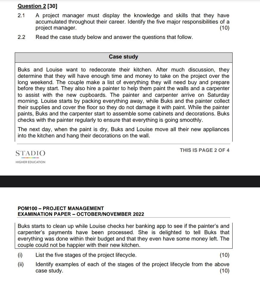  Question 2 [30] 2.1 A project manager must display the knowledge