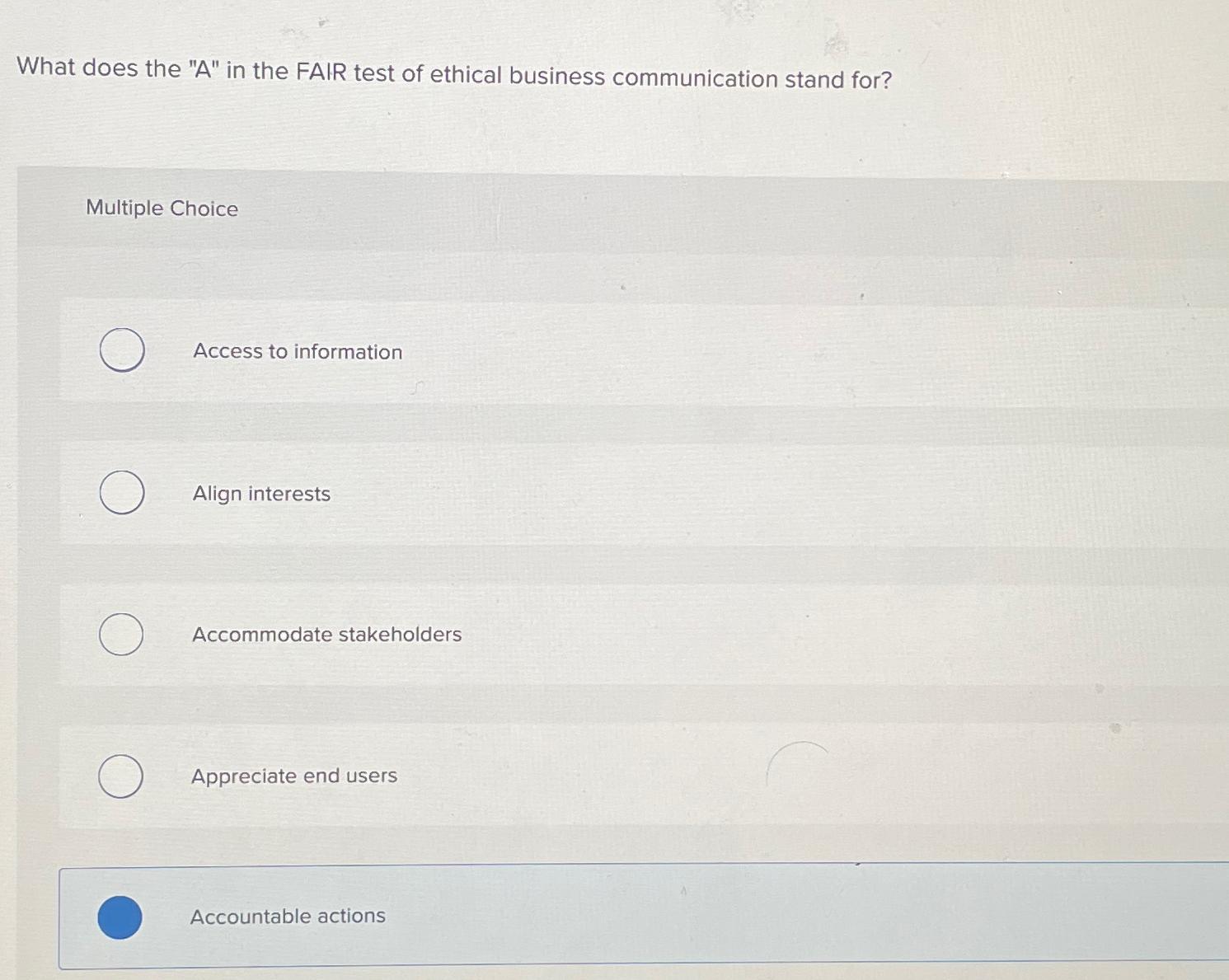  What does the "A" in the FAIR test of ethical business