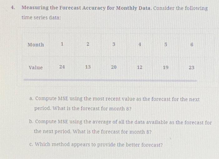  1. Measuring the Forecast Accuracy for Monthly Data. Consider the following