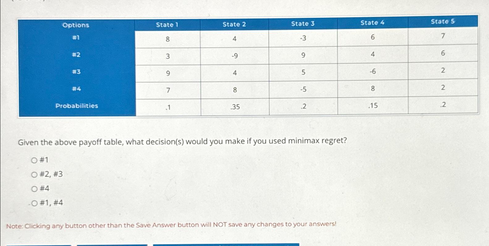  \table[[\table[[Options],[#1]],State 1,State 2,State 3,State 4,State 5],[,8,4,-3,6,7],[#2,3,-9,9,4,6],[#4,9,4,5,-6,2],[Probabilities,7,8,-5,8,2]] Given the above payoff table,