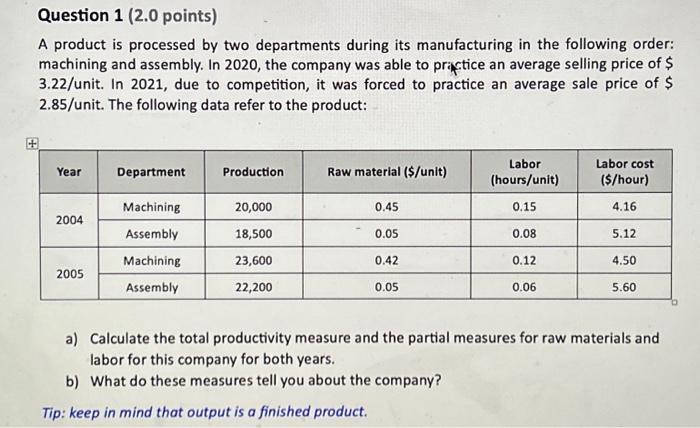  Question 1 (2.0 points) A product is processed by two departments
