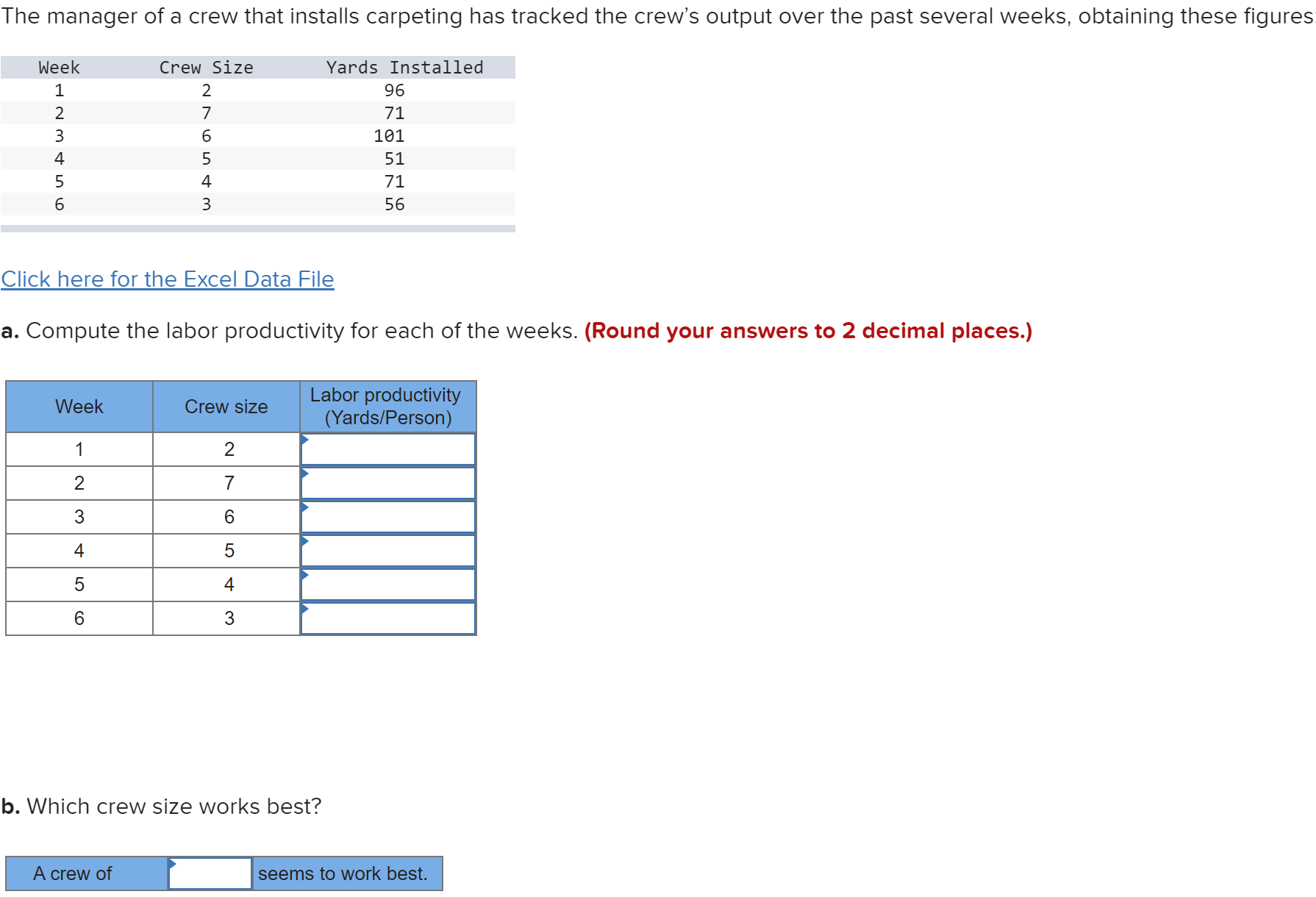 Click here for the Excel Data File a. Compute the labor