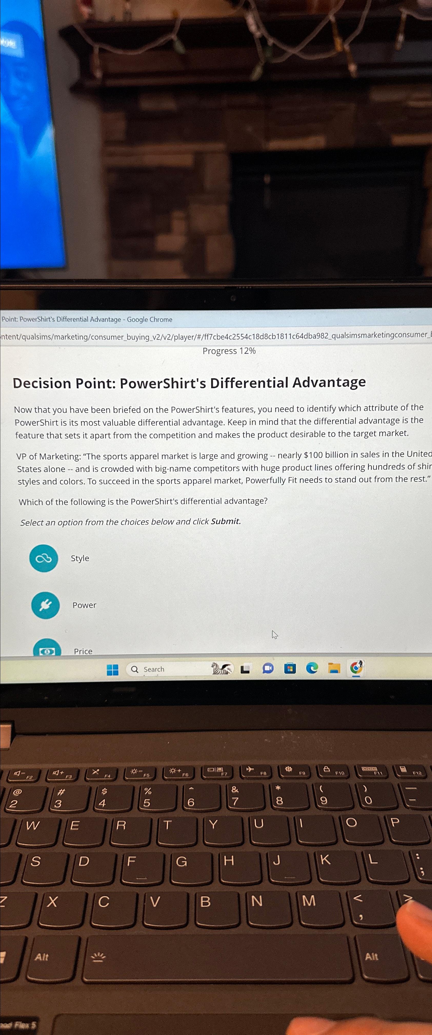  Point: PowerShirt's Differential Advantage - Google Chrome ntent/qualsims/marketing/consumer_buying_v2/v2/player/#/ff7cbe4c2554c18d8cb1811c64dba982_qualsimsmarketingconsumer_ Progress 12% Decision