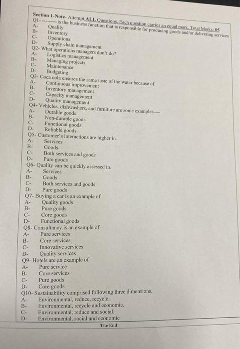  Section 1-Note- Attempt ALL Questions. Each question carries an equal mark.