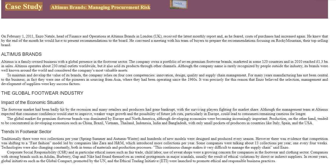 Case Study Altimus Brands C239 Study Altimus Brands: Managing Procurement Risk On