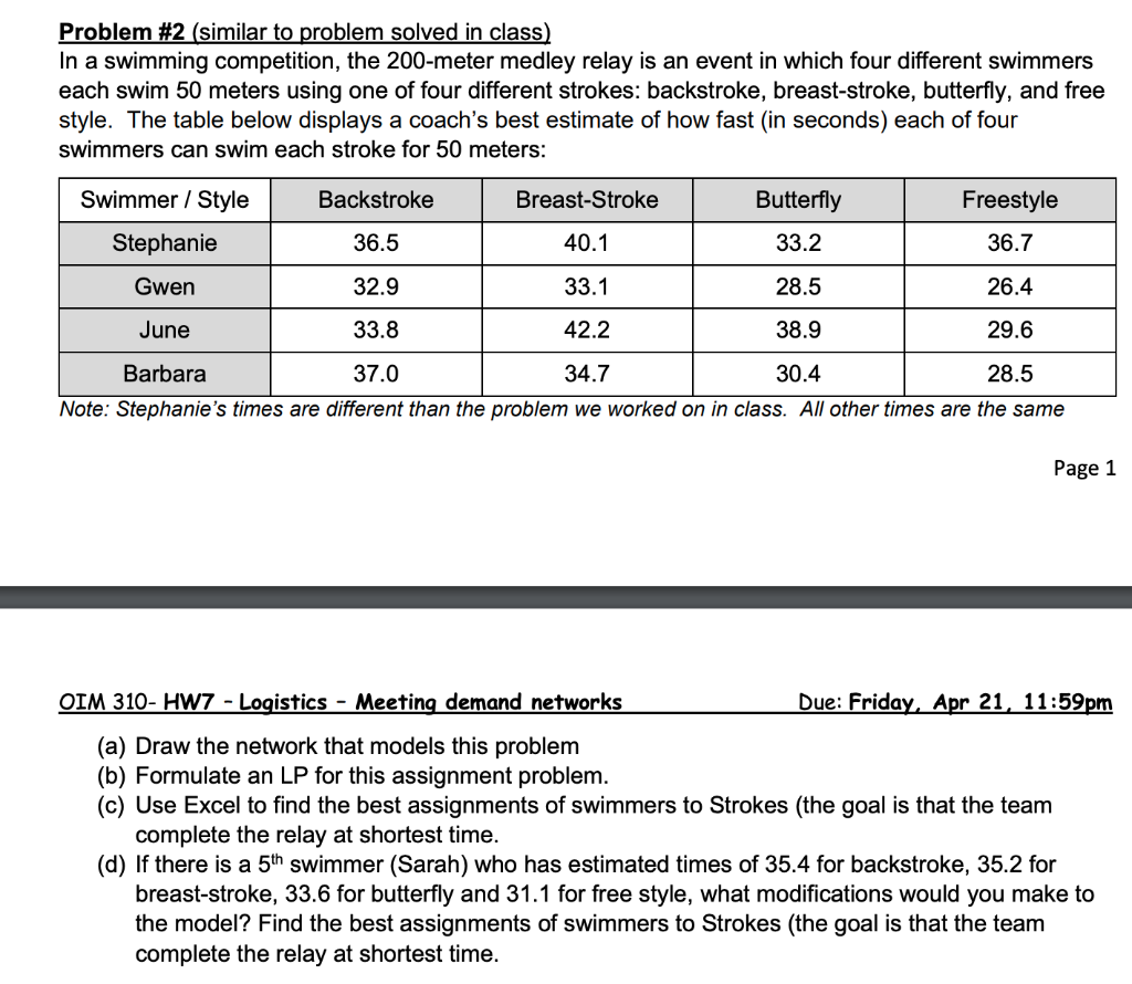 Problem \#2 (similar to problem solved in class) In a swimming