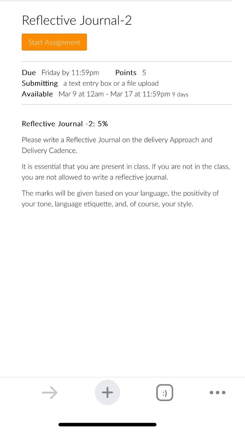  Reflective Journal-2 Due Friday by 11:59pm Points 5 Submitting a text