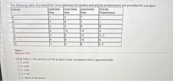 E. None of the above Using Table 1, the expected time to