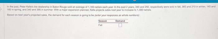 find the demand dor fall, winter, speimg, and summer based on the