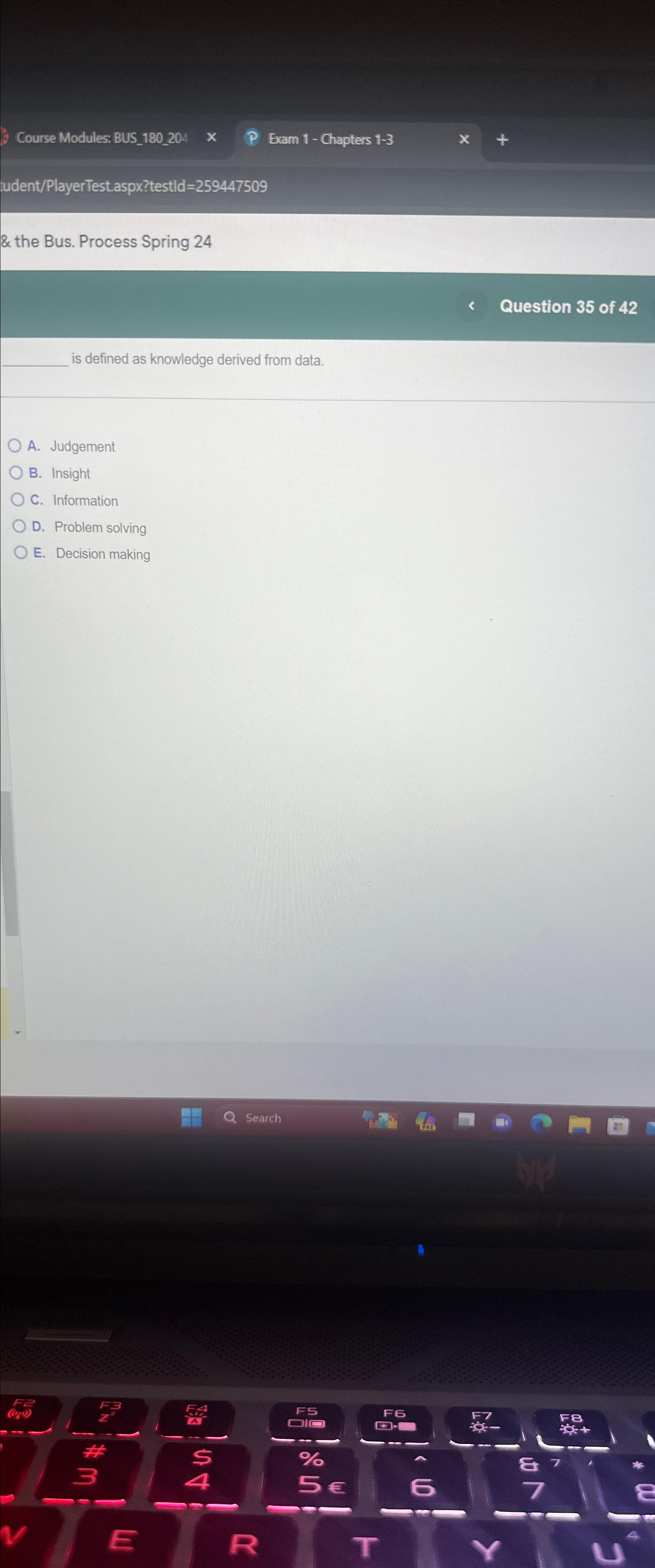  3 Course Modules: BUS_180_204 Exam 1- Chapters 1-3 x udent/PlayerTest.aspx?testld=259447509 &