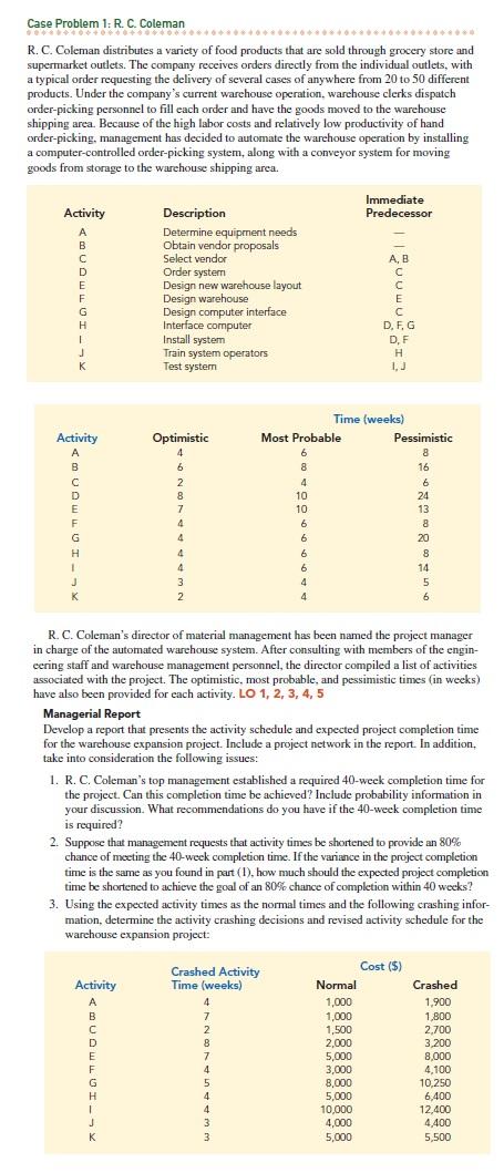  Case Problem 1: R. C. Coleman R. C. Coleman distributes a