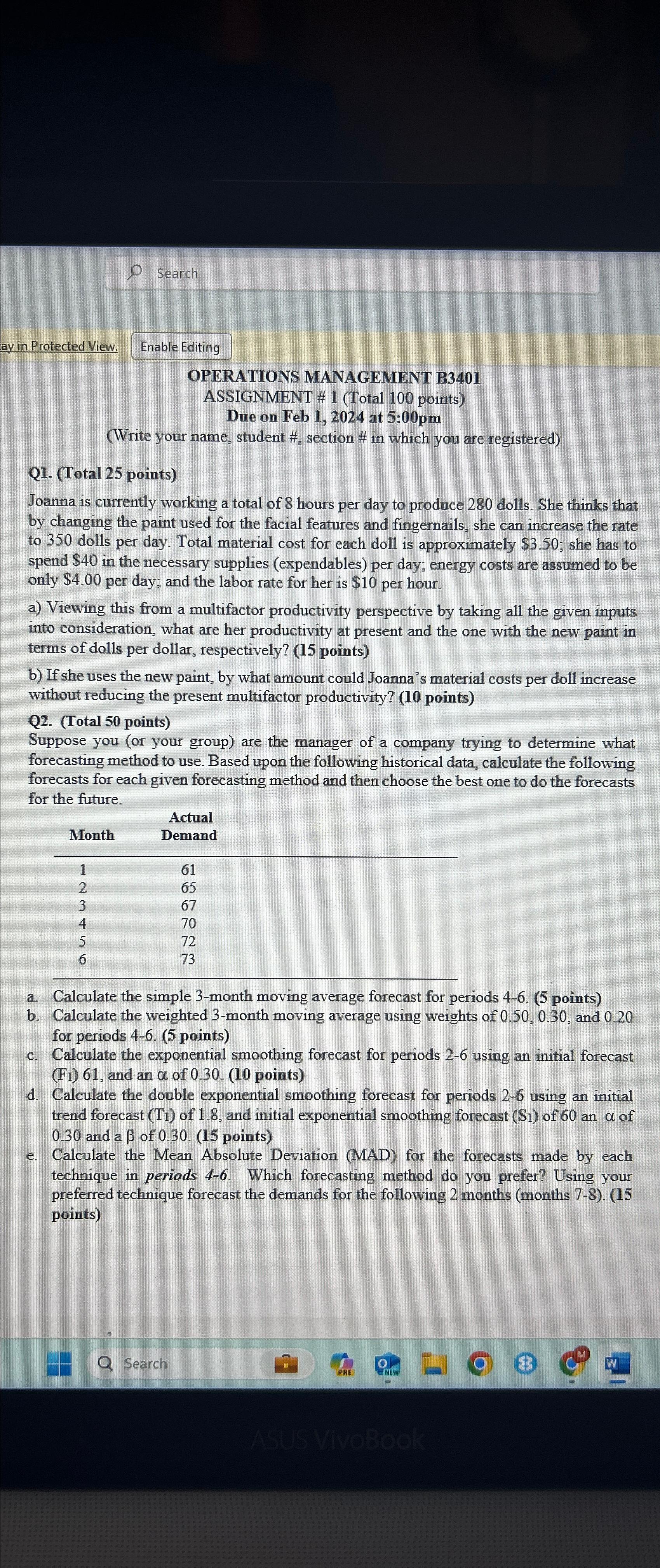  ay in Protected View. Enable Editing OPERATIONS MANAGEMENT B3401 ASSIGNMENT #