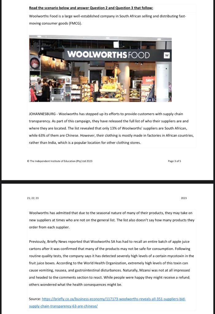  Read the scenario below and answer Question 2 and Question 3